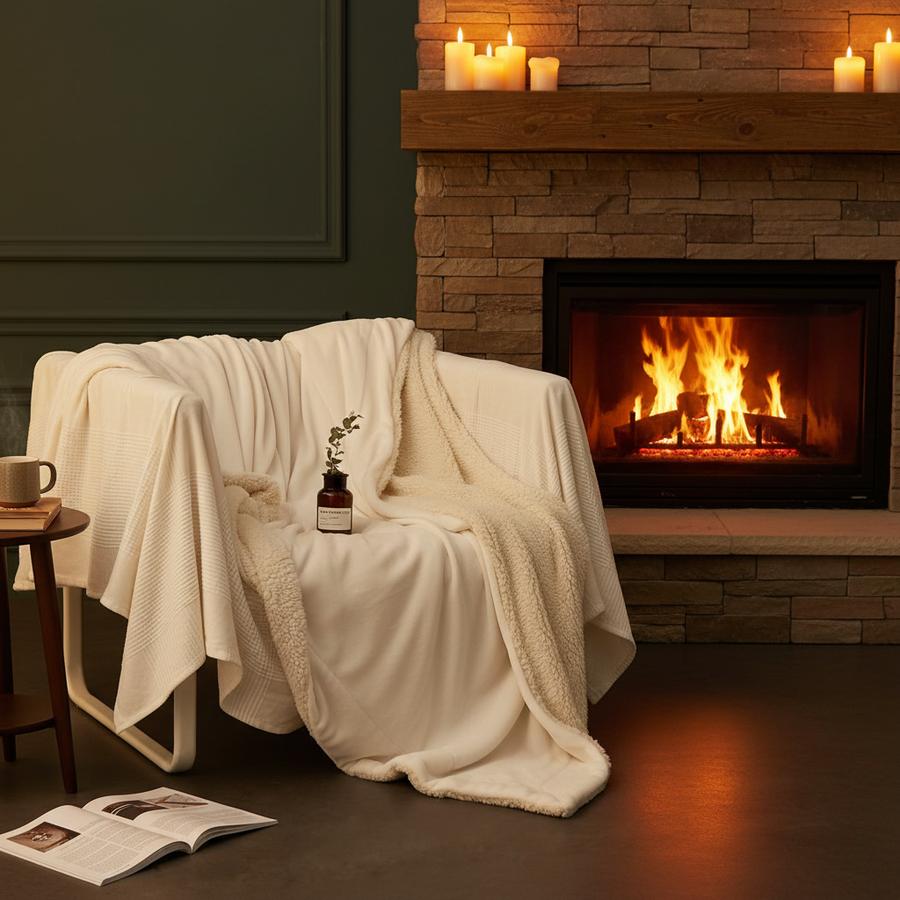 LBRO2M sherpa fleece blanket by fireplace